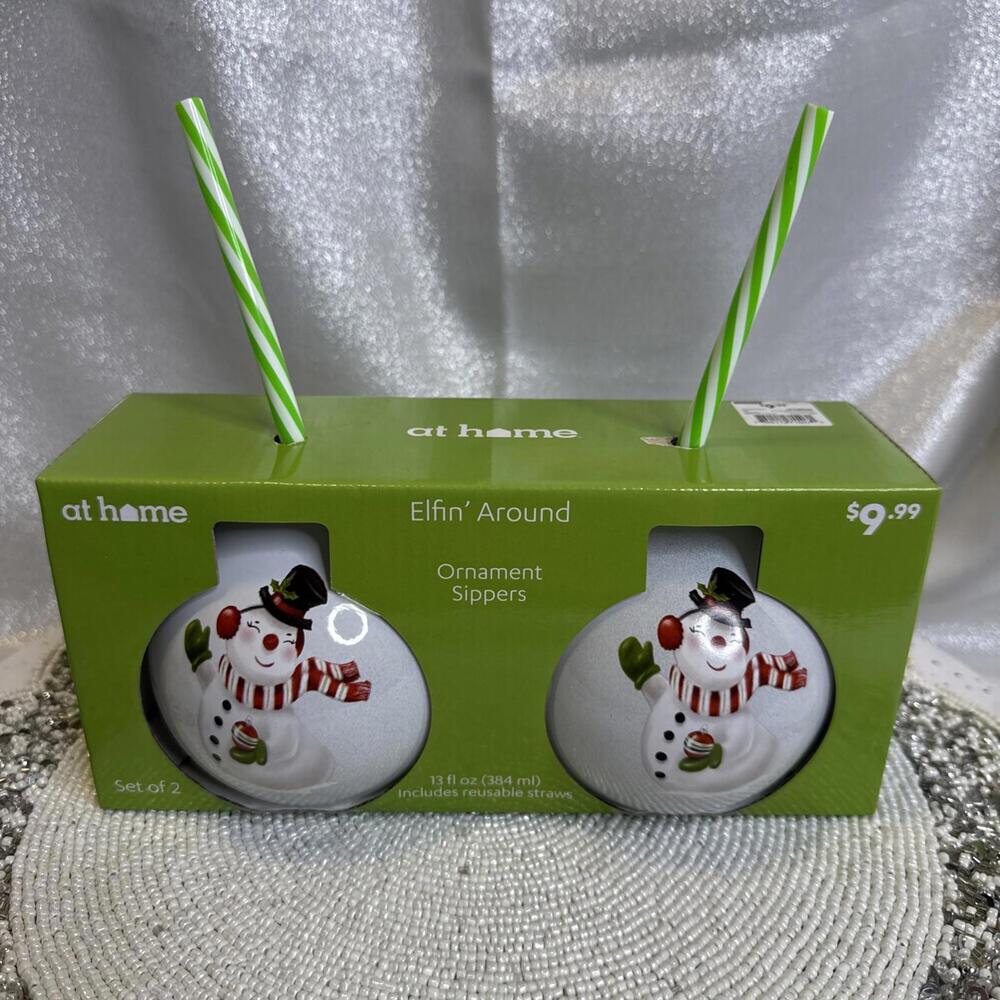 Elfin’ Around Snowman Ornament Sippers Set Of 2 AT HOME 13 fl oz
